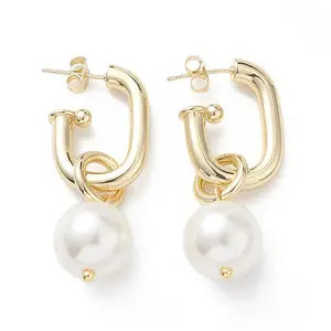 Brass Oval with ABS Pearl Dangle Stud Earrings for Women