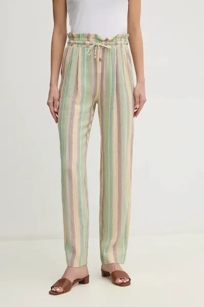 Kalhoty s příměsí lnu La Petite Française PETRUS zelená barva, high waist, PETRUS