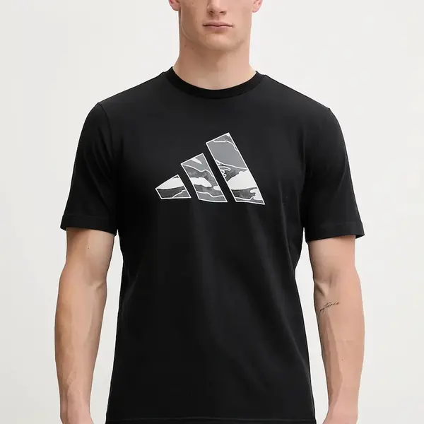 Bavlněné tričko adidas pánské, černá barva, s potiskem, JM6381
