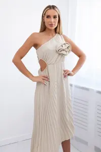 Dámské plisované šaty s květem - béžová