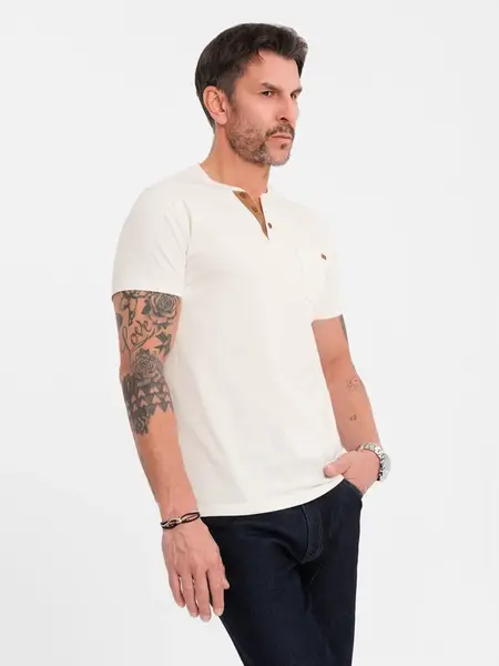 Ombre Men's t-shirt with button neckline and suede trim - white