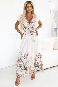 609-1 Satin maxi dress with plunging neckline and floral ombre – boho elegance