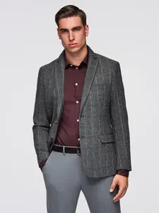 Ombre Elegant men's plaid blazer with wool blend - grey