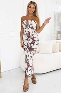 611-1 SAVANNAH strapless fitted dress in brown and white boho pattern