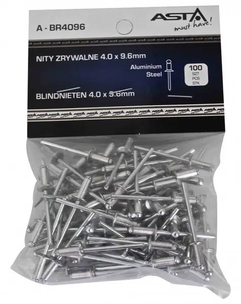 Trhací nýty hliník-ocel, 4,0 x 12,7 mm, s plochou hlavou, sada 100 ks - ASTA Velikost: 4.0x9.6 mm