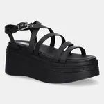 Kožené sandály Tommy Jeans WEDGY STRAPPY SANDAL dámské, černá barva, na platformě, EN0EN02756