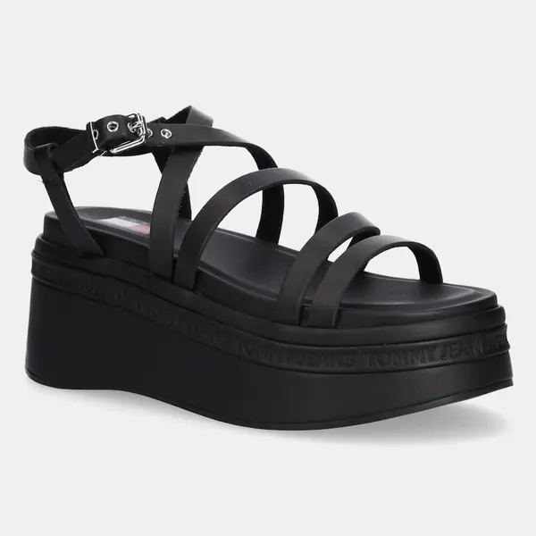 Kožené sandály Tommy Jeans WEDGY STRAPPY SANDAL dámské, černá barva, na platformě, EN0EN02756