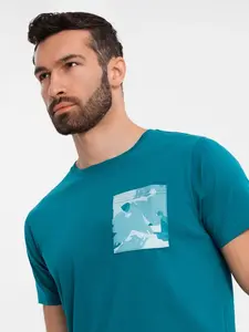 Ombre Men's cotton t-shirt with printed pocket - turquoise