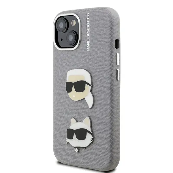 Zadní kryt Karl Lagerfeld Grained PU K&CH Heads pro Apple iPhone 15, šedá