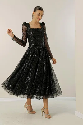 By Saygı Square Neck Long Sleeve Lined Sequined Beaded Dress
