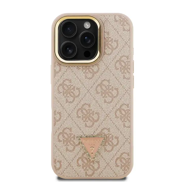 Zadní kryt Guess PU 4G Strass Triangle Logo Stand Camera Frame MagSafe Zadní pro Apple iPhone 16 Pro, růžová