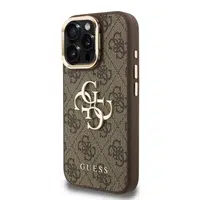 Zadní kryt Guess PU 4G Metal Logo Stand Camera Frame pro Aplle iPhone 16 Pro, hnědá