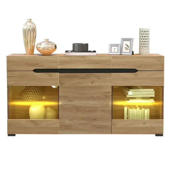 Modenvie SIDEBOARD 140/35/80 cm v dubovém dekoru s LED osvětlením a 3 dvířky