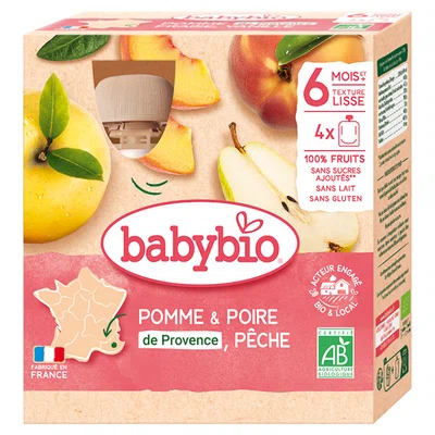 BABYBIO Jablko s hruškou a broskví 6m+ 4 x 90 g