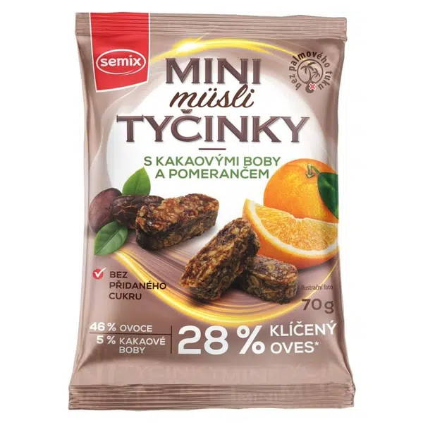 SEMIX Mini müsli bezlepkové tyčinky s kakaovými boby a pomerančem 70 g
