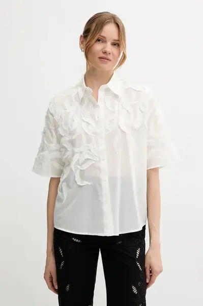 Bavlněná košile Sisley dámská, bílá barva, relaxed, s klasickým límcem, 5KKPLQ09B