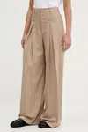Kalhoty HUGO dámské, hnědá barva, široké, high waist, 50542691