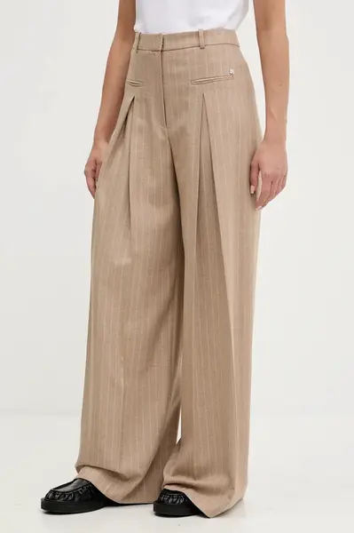 Kalhoty HUGO Habola dámské, hnědá barva, široké, high waist, 50542691