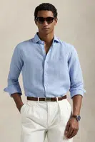 Lněná košile Polo Ralph Lauren pánská, modrá barva, regular, s klasickým límcem, 710968971