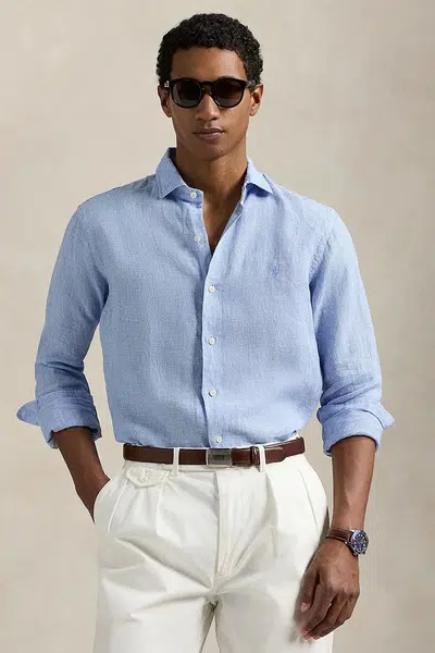 Lněná košile Polo Ralph Lauren pánská, modrá barva, regular, s klasickým límcem, 710968971