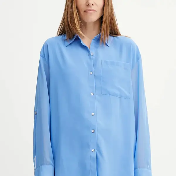 Košile Calvin Klein dámská, modrá barva, relaxed, s klasickým límcem, LV044B902G