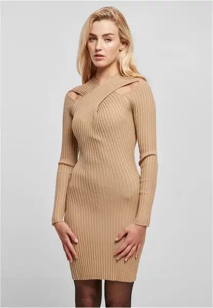 Women's dress with crossed ribbed knit unionbeige