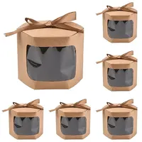 10Pcs Hexagon Kraft Paper Cake Boxes with Visual Window and Ribbon
