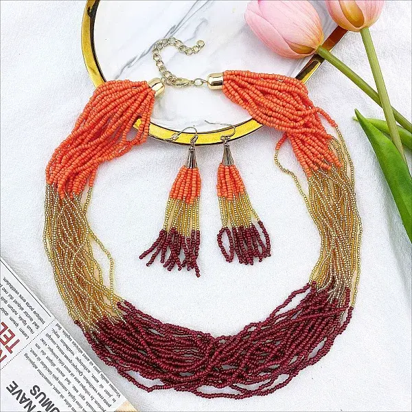 Bohemian Style Acrylic Seed Beaded Multilayer Necklaces & Tassel Dangle Earrings Sets