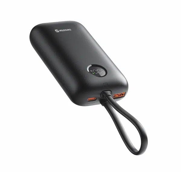 Swissten Power Bank Voltbox 35W 10000 mAh s integrovanými kabely USB-C a Lightning černá