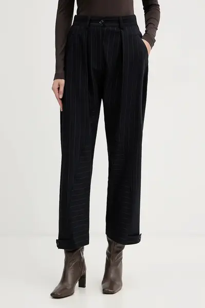 Kalhoty s příměsí vlny Pinko tmavomodrá barva, high waist, 105707 A2QY