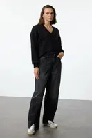 Trendyol Black Couple Basic Regular/Normal Pattern V-neck Thick Polar Fleece Knitted Sweatshirt