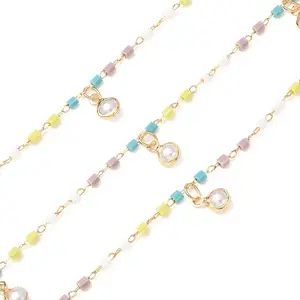 Brass & Glass Seed Beaded & ABS Plastic Pearl Chain