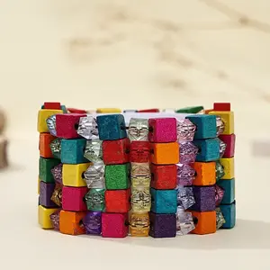 Boho Multi-Layer Wood & Acrylic Cube Tile Stretch Bracelets for Women