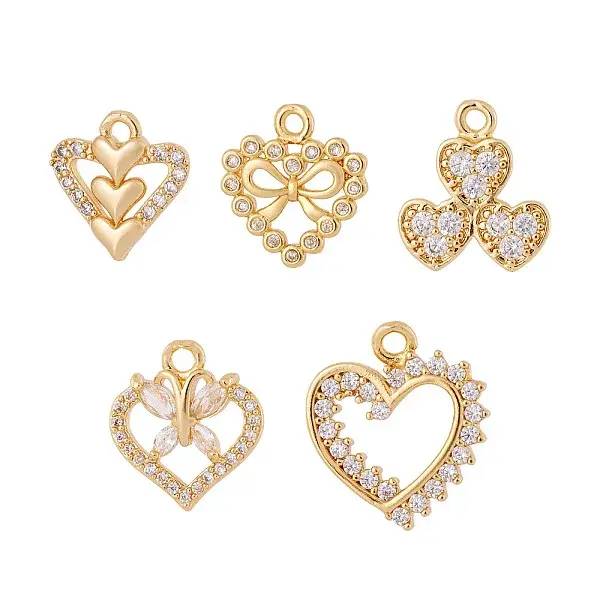 5Pcs 5 Styles Brass Micro Pave Cubic Zirconia Pendants