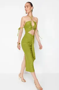 Trendyol X Zeynep Tosun Oil Green Elegant Evening Dress with Knitted Window and Accessory Detail
