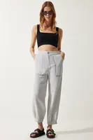 Happiness İstanbul Women's Gray Embroidery Detail Muslin Trousers