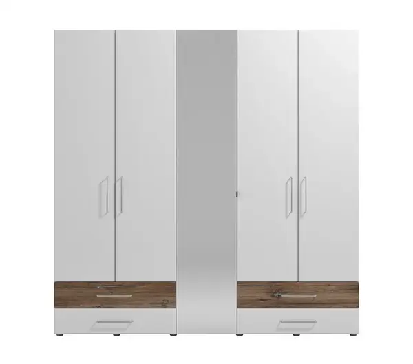 Pětidveřová šatní skříň se zrcadlem lilo-bílá/dub flagstaff - s rámem