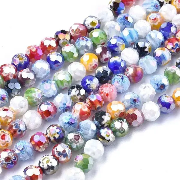 Faceted Round Handmade Millefiori Glass Beads Strands