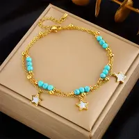 304 Stainless Steel & Round Synthetic Turquoise & Natural Shell Charm Double Layer Anklets