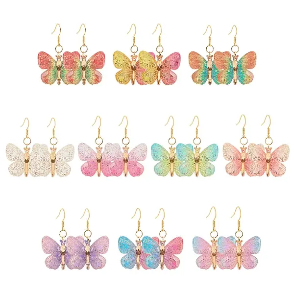 10Pairs 10 Colors Bling Butterfly Resin Dangle Earrings