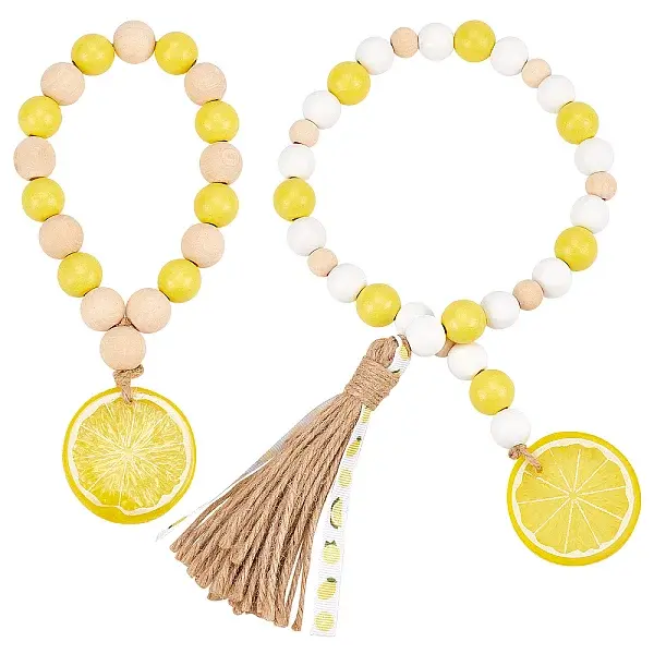 2Pcs 2 Style Lemon Wooden Beaded Garland with Rustic Jute Tassel