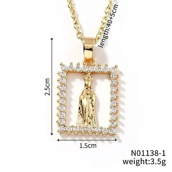 Shiny Brass Micro Pave Clear Cubic Zirconia Hollow Rectangle Vintage Statue Pendant Necklaces
