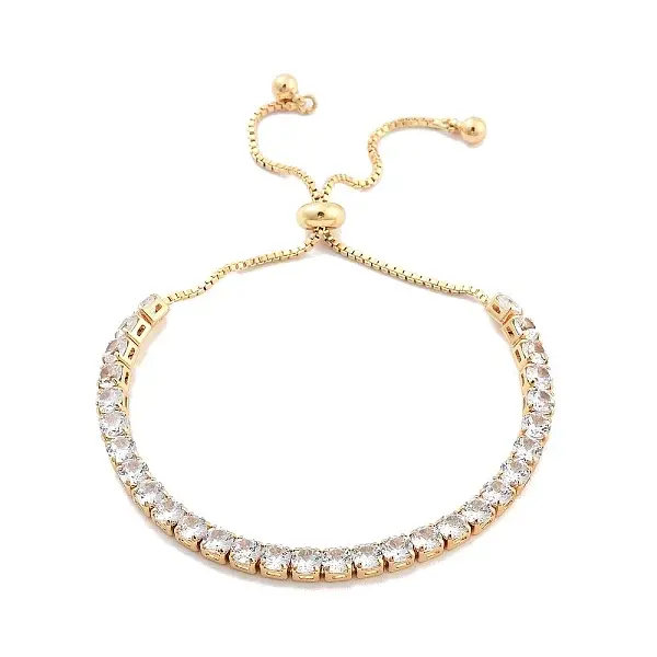 Brass Pave Clear Cubic Zirconia Flat Round Box Chain Slider Bracelets