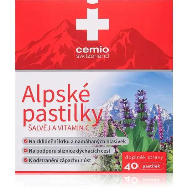 Cemio Alpské pastilky šalvěj a vitamín C lisované pastilky pro zklidnění sliznice dutiny ústní 40 ks