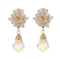Glass Beaded Flower with Teardrop Dangle Clip-on Earrings