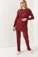 Olalook Dámský vínově červený top s rozparkem, halenka, spodní díl kalhoty Palazzo, manšestrový oblek