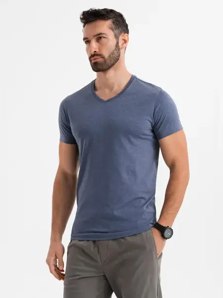 Ombre Men's BASIC classic cotton T-shirt with a serape neckline - blue melange