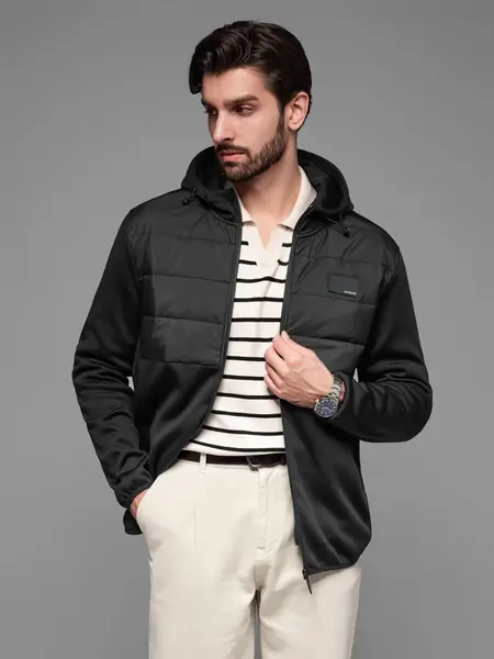 Ombre Men's lightweight jacket of combined materials with hood and decorative quilting - black