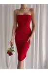 64500 Dewberry Thin Strap Draped Midi Evening Dress-RED