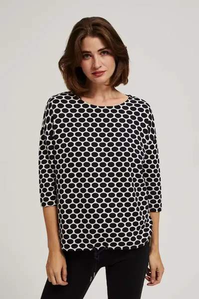 Marisse Blouse With A Geometric Pattern, White And Navy Blue